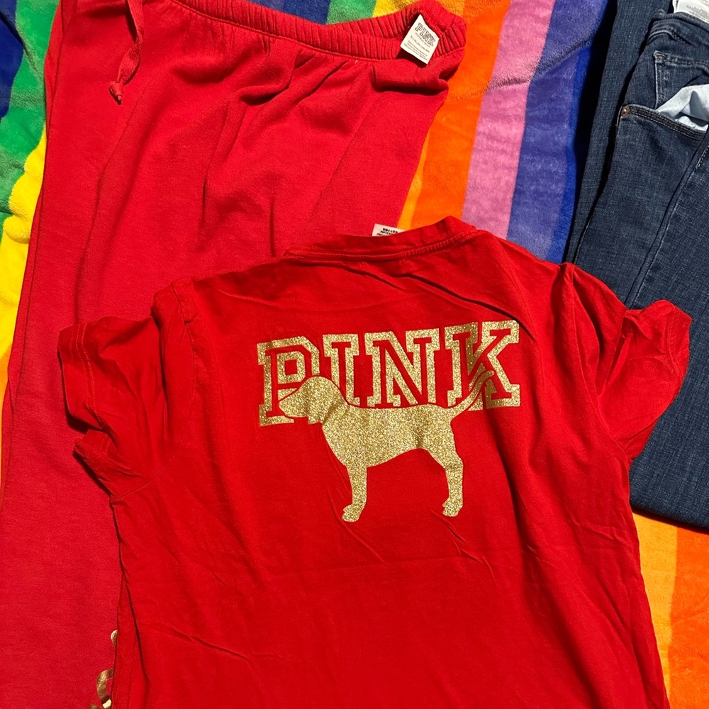 Pink outfits. The sizes are shown in the tags if you zoom in